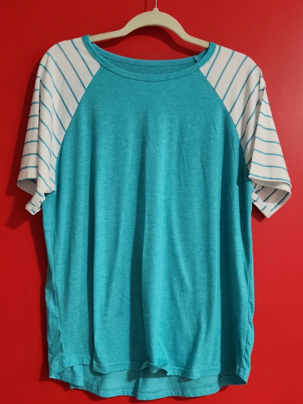 XL Turquoise Raglan Tee with White Striped Sleeves